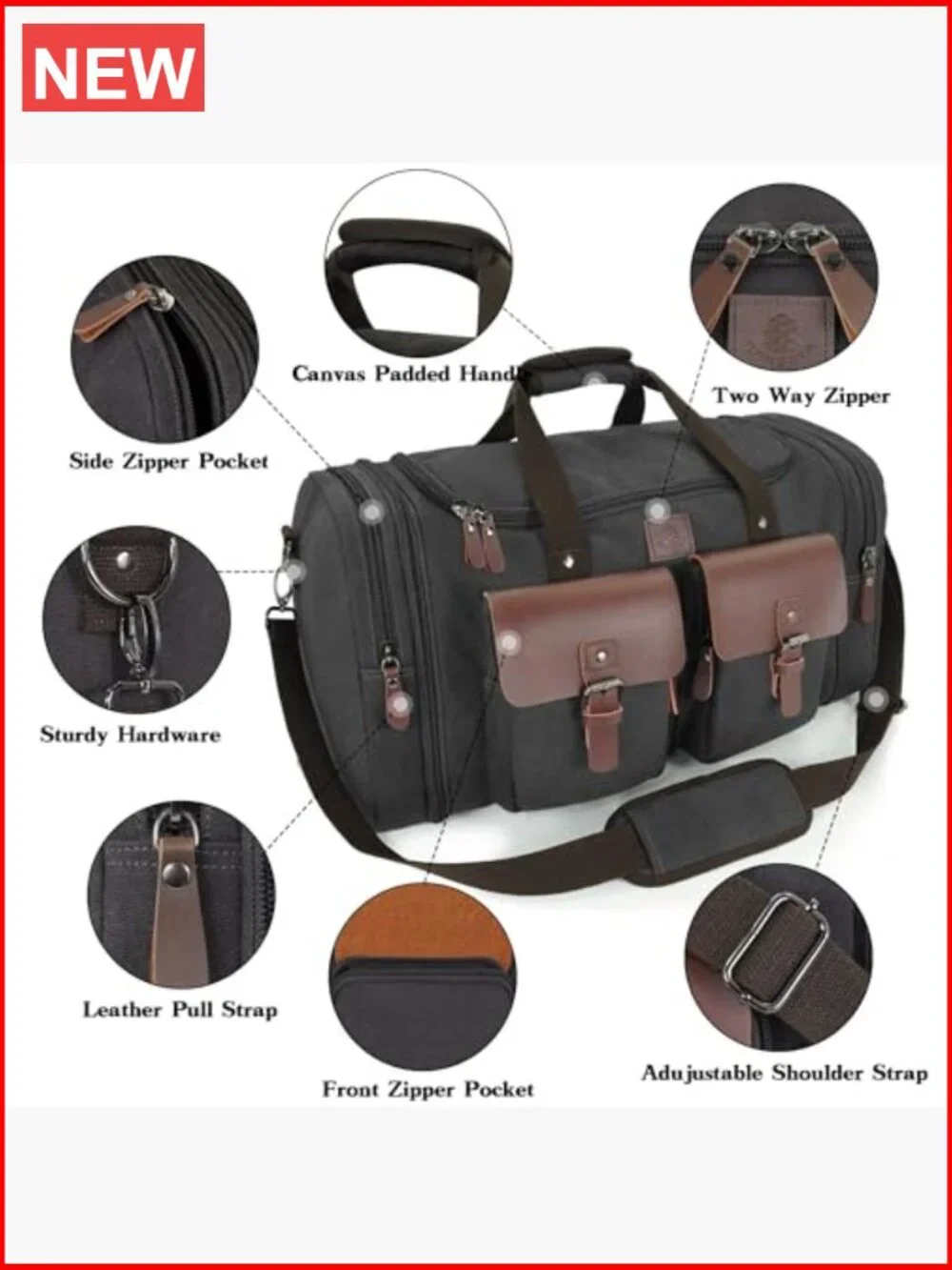 Expandable Canvas Duffle Bag 50L Travel Duffel with Genuine Leather Pockets